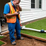 **

A homeowner inspecting visible piping connections of their geothermal system near their house, looking for leaks with a flashlight. Focus on the pipes, fittings, and surrounding ground. The scene should evoke a sense of careful observation and potential concern. Include subtle details like a slightly concerned expression on the homeowner's face.

**