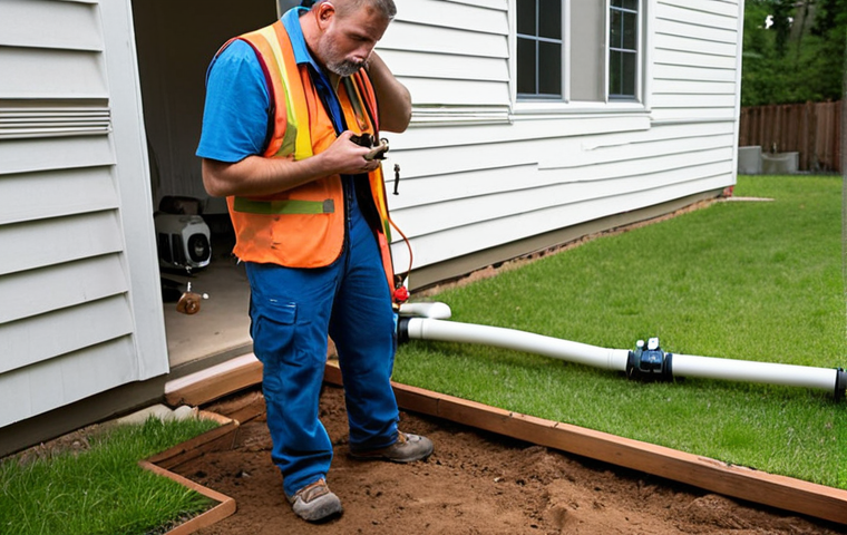 **
A homeowner inspecting visible piping connections of their geothermal system near their house, looking for leaks with a flashlight. Focus on the pipes, fittings, and surrounding ground. The scene should evoke a sense of careful observation and potential concern. Include subtle details like a slightly concerned expression on the homeowner's face.
**