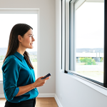 A professional woman, fully clothed in a modest, contemporary business casual outfit, stands in a bright, modern living room. She is looking at a sleek, wall-mounted smart thermostat, which displays clear data related to energy savings. The background features a clean, inviting home interior with soft, natural light coming through a large window. The overall scene conveys modern efficiency, comfort, and technological integration. perfect anatomy, correct proportions, natural pose, well-formed hands, proper finger count, natural body proportions, safe for work, appropriate content, fully clothed, family-friendly, professional photography, high quality.
