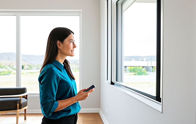 A professional woman, fully clothed in a modest, contemporary business casual outfit, stands in a bright, modern living room. She is looking at a sleek, wall-mounted smart thermostat, which displays clear data related to energy savings. The background features a clean, inviting home interior with soft, natural light coming through a large window. The overall scene conveys modern efficiency, comfort, and technological integration. perfect anatomy, correct proportions, natural pose, well-formed hands, proper finger count, natural body proportions, safe for work, appropriate content, fully clothed, family-friendly, professional photography, high quality.