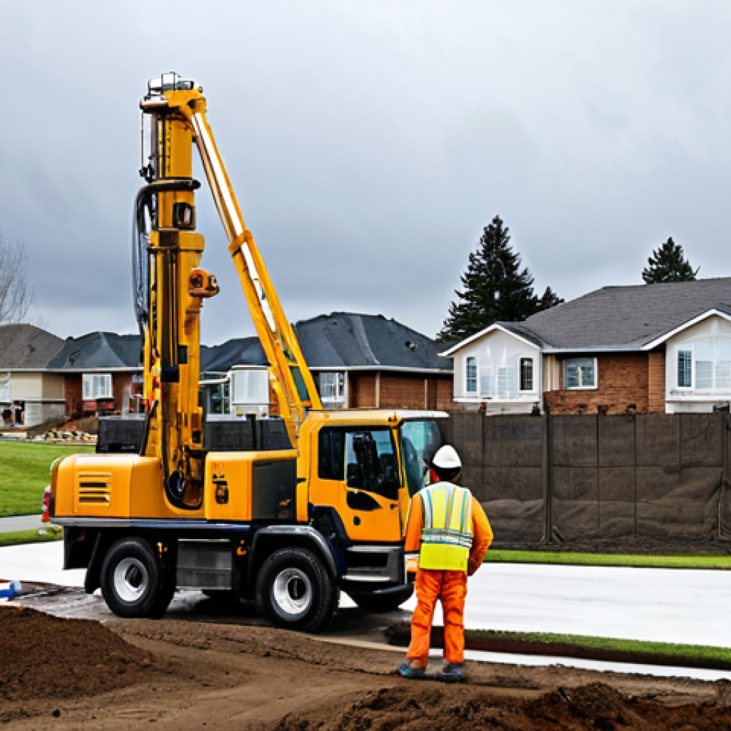 Geothermal Drilling Site**
"A geothermal drilling rig on a residential property, fully clothed construction workers in hard hats and safety vests overseeing the operation, drilling equipment visible, suburban neighborhood in the background, overcast sky, demonstrating responsible drilling practices, appropriate content, safe for work, perfect anatomy, natural proportions, professional, high-resolution image, environmental safety focus, daylight, fully clothed, modest attire."
**