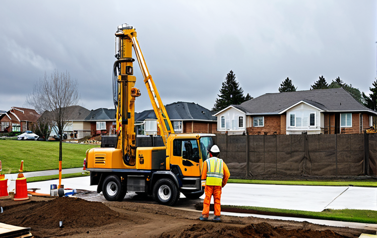 Geothermal Drilling Site**
"A geothermal drilling rig on a residential property, fully clothed construction workers in hard hats and safety vests overseeing the operation, drilling equipment visible, suburban neighborhood in the background, overcast sky, demonstrating responsible drilling practices, appropriate content, safe for work, perfect anatomy, natural proportions, professional, high-resolution image, environmental safety focus, daylight, fully clothed, modest attire."
**