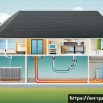 Home 22 지열 냉난방 시스템에 대한 전문가 인터뷰 - A detailed cross-sectional illustration of a residential geothermal heat pump system showing undergr...