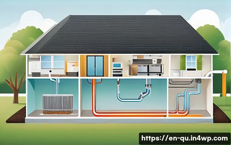 지열 냉난방 시스템에 대한 전문가 인터뷰 - A detailed cross-sectional illustration of a residential geothermal heat pump system showing undergr...