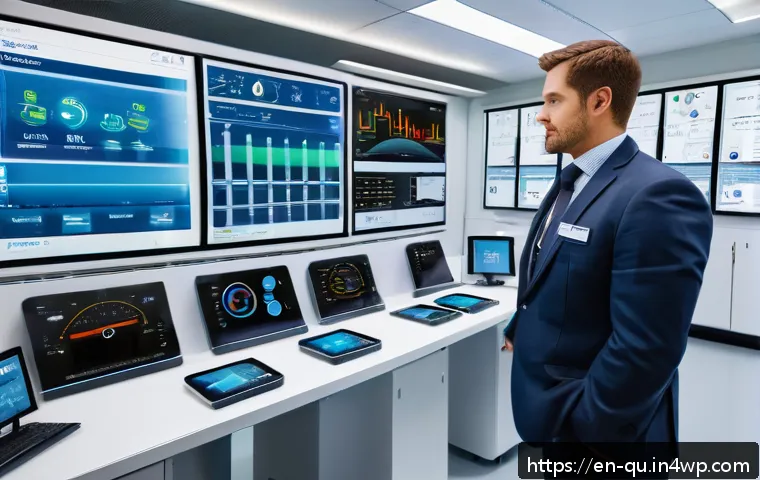 지열 냉난방 시스템의 성능 검증 방법 - A high-tech geothermal HVAC system control room interior, featuring multiple smart sensor displays a...