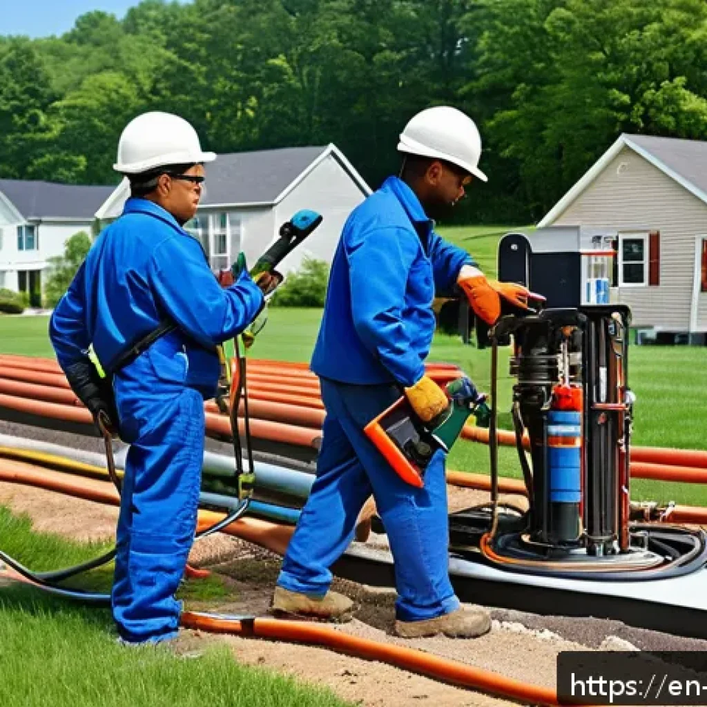 지열 냉난방 시스템의 지역사회 기여 방안 - A vibrant small Midwestern town showing a diverse group of skilled workers installing a geothermal h...