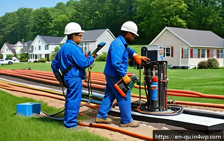 지열 냉난방 시스템의 지역사회 기여 방안 - A vibrant small Midwestern town showing a diverse group of skilled workers installing a geothermal h...
