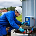 Home 18 지열 냉난방 시스템의 성능 시험 방법 - A detailed technical scene showing an engineer wearing safety glasses and a blue work uniform, caref...