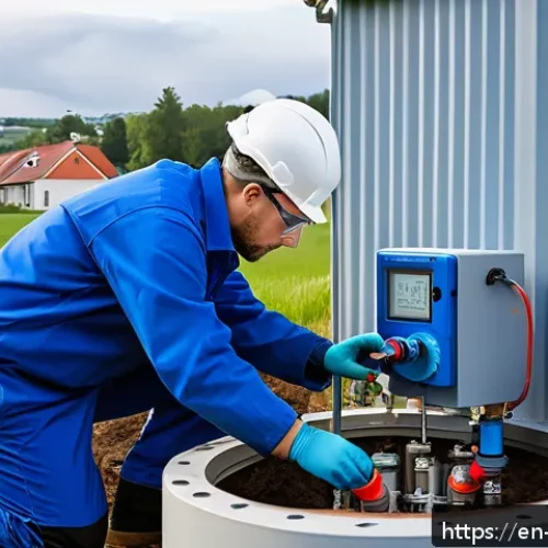 Home 30 지열 냉난방 시스템의 성능 시험 방법 - A detailed technical scene showing an engineer wearing safety glasses and a blue work uniform, caref...