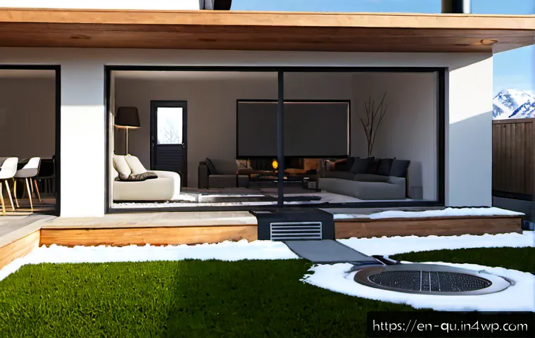 Home 17 지열 냉난방 시스템의 온도 효율성 분석 - Photorealistic modern suburban home in a mild North American winter, cutaway view showing an undergr...